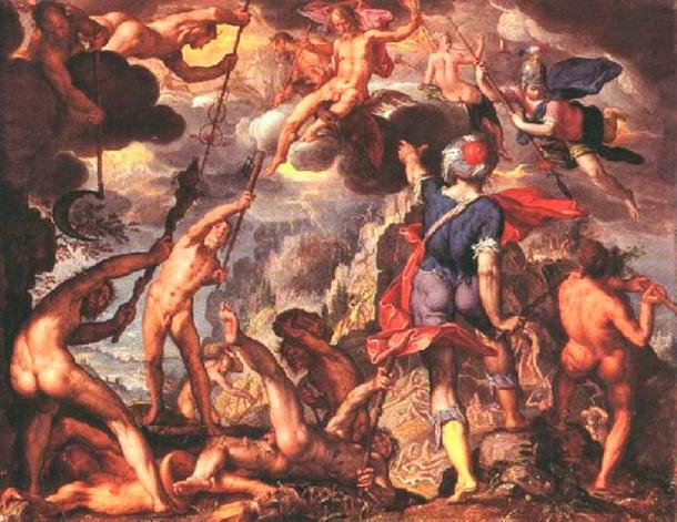 Pertempuran Antara Dewa dan Titan, dilukis oleh Joachim Wtewael pada tahun 1600, terhubung dengan Iris atau, lebih baik dikatakan, saudara perempuan Iris, Arke.  (Joachim Wtewael / Domain publik)