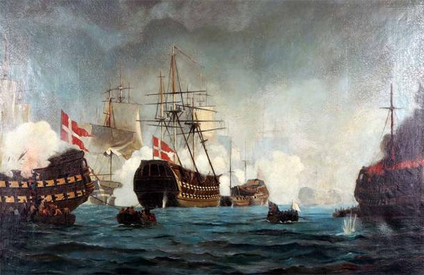 The 1801 Battle of Copenhagen in a painting by Christian Mølsted. It was here that folk etymology claims Admiral Nelson coined the phrase “to turn a blind eye.” (Public domain)