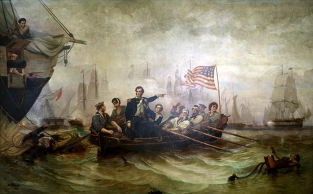 La batalla del lago Erie en 1813, pintada por William Henry Powell en 1865, muestra a Oliver Hazard Perry trasladado del Lawrence al Niágara. (William Henry Powell / Dominio público)
