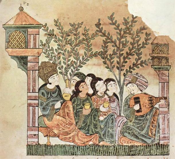 "Bayad plays the oud to the lady", Arabic manuscript for ‘Qissat Bayad wa Reyad’ tale (late 12th century). (Public Domain)
