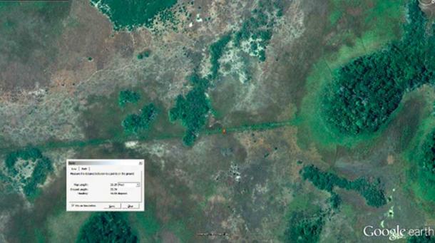 Baylands off the coast of Campeche, Yucatan Mexico, show the remains of a Sacbe and partially hidden Maya ruin. (Photo courtesy of Angela Micol, Satellite Archeaology).
