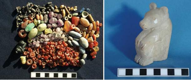 Left: Beads from the cache found beneath a residential building at Tell Brak of the mid-4th millennium BC. Right: Alabaster bear figurine, height 9 cm, mid-4th millennium BC. Traces of red and black pigment survive on the head and claws.