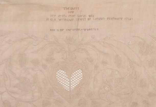 Bedsheet belonging to James Radclyffe, Earl of Derwentwater. It is embroidered with human hair – likely to be that of Anna Maria’s and possibly also her husbands. (© Museum of London)