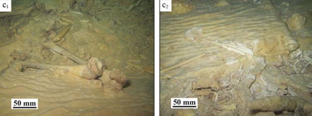 Before and after looting at the cave site in Mexico. (Stinnesbeck et al) Only about 10% of the skeleton remained on site, including the pelvis covered by stalagmite.