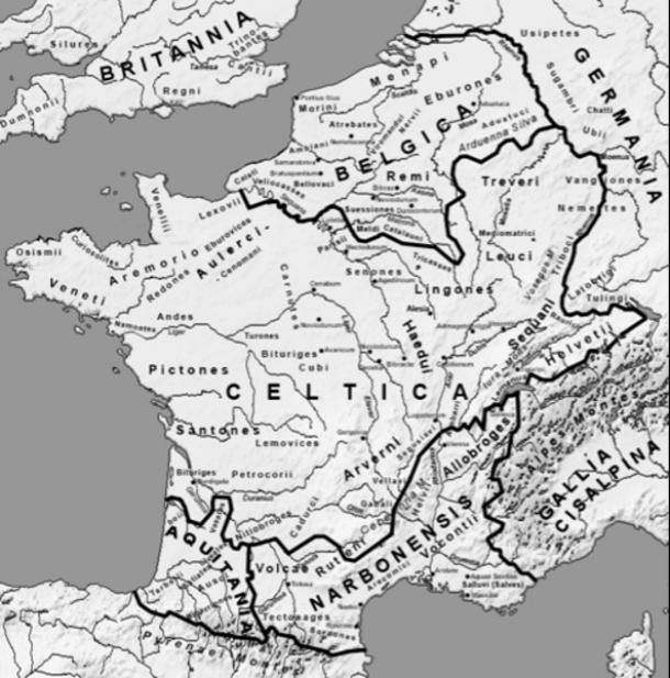 Map with the approximate location of pre-Roman Belgic Gaul shortly before Roman conquest, according to an interpretation of Caesar.