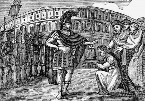 Wood cutting of Belisarius refusing the Goths’ offer for the crown of Italy (1830)