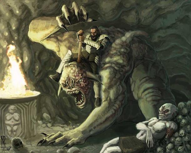 Beowulf fighting Grendel’s mother beside Grendel’s body.