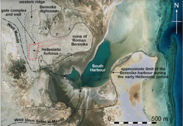 The Berenike site and environs. The fortress walls are dashed where less certain. (J. Harrell using a satellite photograph from Google Earth / Antiquity).