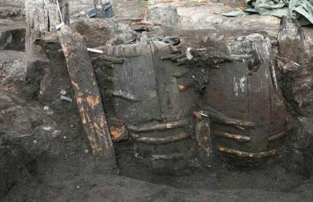 The Old Berwick Hospital site also produced the remains of a barrel toilet. This is what that toilet might have looked like. These barrel toilets were unearthed in Denmark and date from the 14th century. (Odense City Museum)