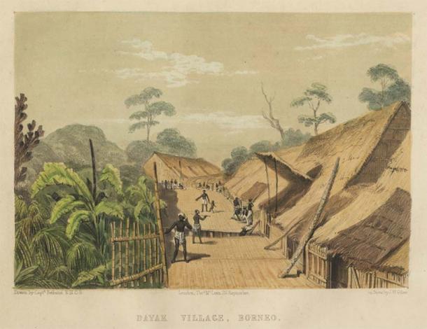 A Bidayuh village depicted in an illustration by Charles Ramsay Drinkwater Bethune from 1845. The Malaysian rock art has been attributed to the Bidayuh people. (Public domain)