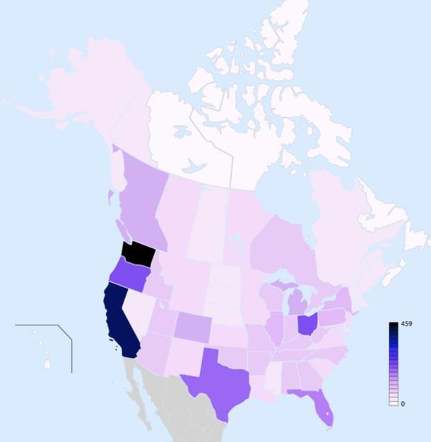 Map of Reported Bigfoot Sightings in North America (2008) 