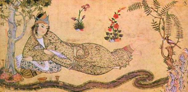Bilqis reclining in a garden, the Queen of Sheba facing the hoopoe, Solomon’s Messenger. (Shakko / Public Domain)