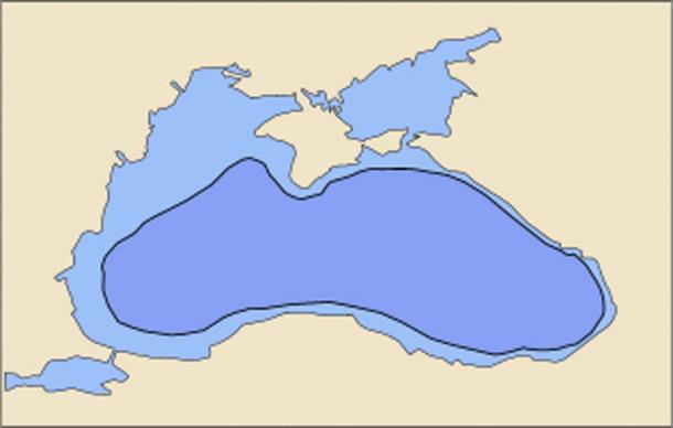 Black Sea today (light blue) and in 5600 BC (dark blue) according to the hypothesis. 