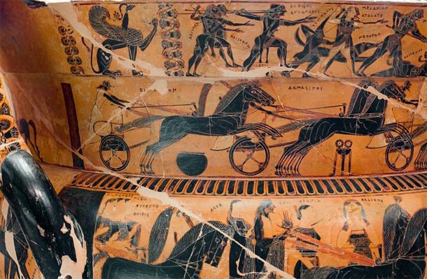 Red and Black pottery decoration including chariot race at the funerary games of Patroklos.   Cynisca was a Spartan princess and the first woman to win the chariot race in the ancient Olympic Games. (CC BY-SA 4.0)