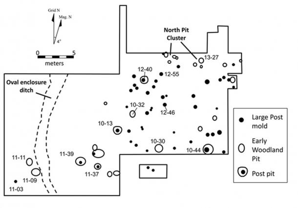 Block excavation area of an unusual oval enclosure showing Early Woodland pits, post pits and large post molds, offering the earliest evidence of nonmortuary ceremonialism in Ohio.