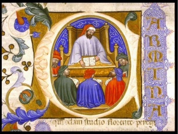 Boethius teaching his students from folio 4r of a manuscript of the Consolation of Philosophy (Italy?, 1385)