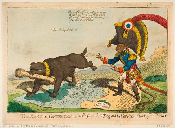 ‘The Bone of Contention or the English Bull Dog and the Corsican Monkey’ was an 1803 satirical print which played on the English fear of a French invasion. Born in Corsica, Napoleon was depicted as the Corsican monkey. (Public domain)