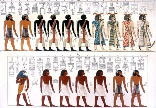 Egyptian race portrayed in the Book of Gates, depicting Berber, Nubian, Asiatic, and Egyptian. An artistic rendering, based on a mural from the tomb of Seti I.