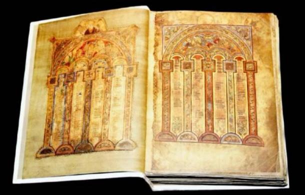 The Book of Kells is written in majuscule insular script, in yellow, red, purple, and black ink.