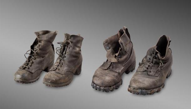 Boots that belonged to Marcelin and Francine Dumoulin, who disappeared on August 15, 1942 in bad weather on the Tsanfleuron Glacier, near Les Diablerets. (Musée d’histoire du Valais/Michel Martinez)