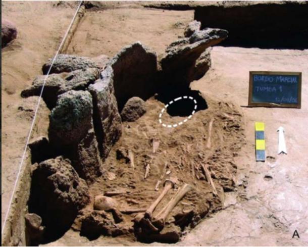 Bordo Marcial tomb contained the remains of 14 humans plus the mask placed on top (mask position is indicated by white dotted line) 