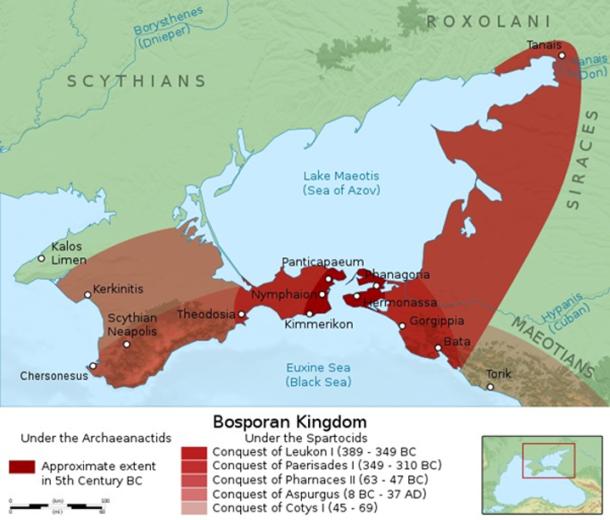 Bosporan Kingdom - Panticapaeon and other ancient Greek colonies along the north coast of the Black Sea. (CC BY-SA 4.0)