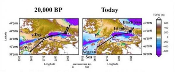 The sea level in the Bosporus and Dardanelles at the Last Glacial Maximum (20,000 years ago) versus today. Note that 20,000 years ago one-third of the route from the Black Sea to the Aegean Sea was occupied by a deep lake, which would have interrupted the portage and might have encouraged human settlement at each of its ends (Image: Jerry Dobson/ Geographical Review)