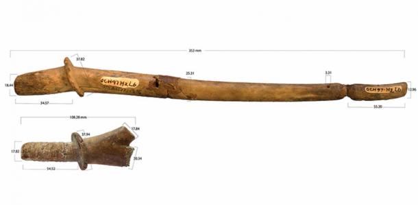 Both artifacts, which were once used as deer antler instruments for making music, depicted with detailed measurements. (F. Z. Campos / J. R. Hill / Antiquity)