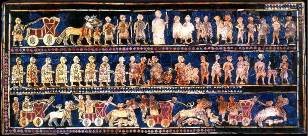 Standard of Ur, 26th century BC. Bottom panel depicts chariots in action.