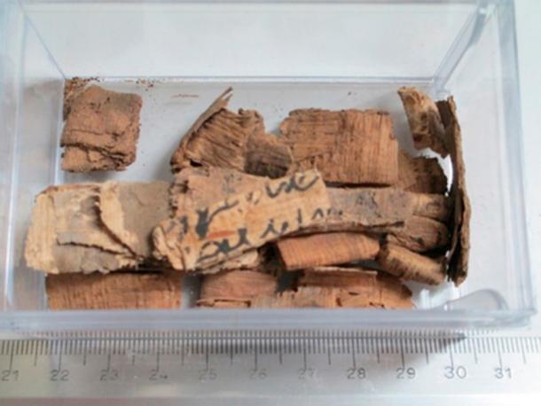 Box at the Louvre with various folded papyri packages awaiting unfolding and unrolling. (Heinz-Eberhard Mahnke, Tobias Arlt et al. CC BY-NC-ND 4.0)