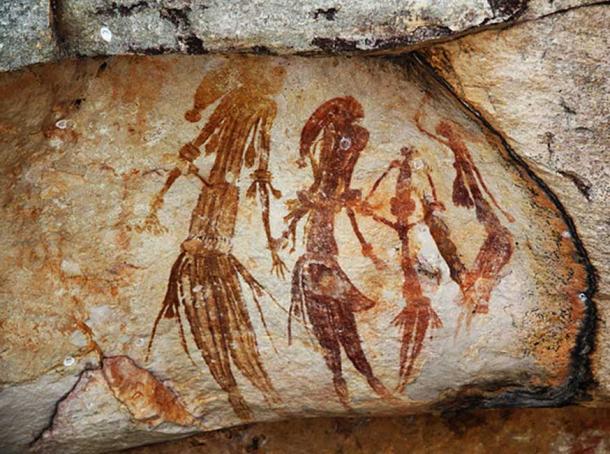 Bradshaw rock paintings in the Kimberley region of Western Australia, taken at a site off Kalumburu Road near the King Edward River. These paintings are estimated to be between 26,500 and 20,000 years old. 