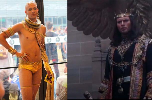 Brazilian actor Rodrigo Santoro played Xerxes in the 300: Rise of an Empire 2014 (ActuaLitté, CC BY-SA 2.0) Right: One Night with the King, starring Luke Goss as Xerxes. (Screenshot Freemovies/123movies)