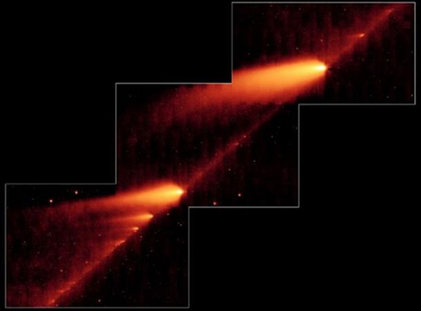 Break-up of comet 73P, Schwassmann-Wachmann, observed with the Spitzer Space Telescope. (Image courtesy of NASA/JPL-Caltech/W. Reach, author supplied)