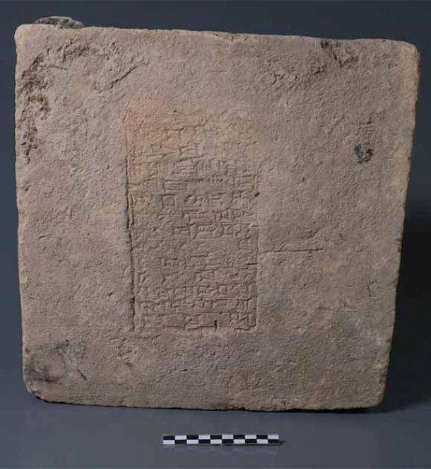 Brick dates to the reign of Nebuchadnezzar II (ca. 604 to 562 BCE) based on the interpretation of the inscription. This object was looted from its original context before being acquired by the Slemani Museum and stored in that museum with agreement from the central government. (Image courtesy of the Slemani Museum)