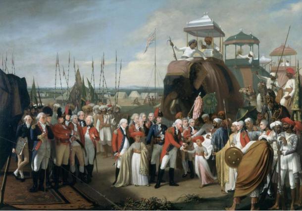 British General Lord Cornwallis, receives two of Tipu Sultan's sons as hostages in the year 1793 in India