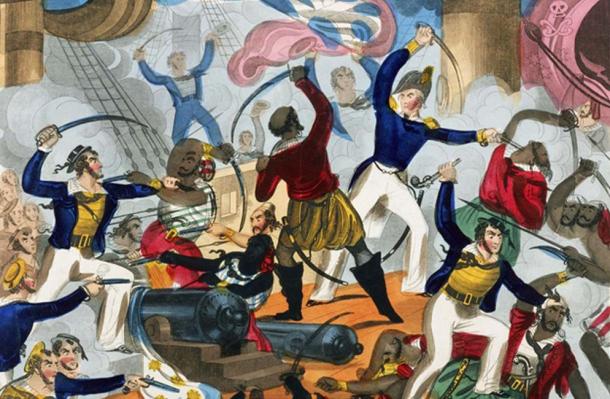 British sailors boarding an Algerine pirate ship and battling the pirates. (Royal Museums Greenwich / Public Domain)