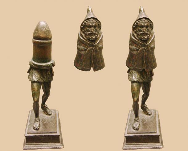 Bronze statuette possibly of the Roman fertility god Priapus, made in two parts (shown here in assembled and disassembled forms). This statuette has been dated to the late 1st century C.E. It was found in Rivery, in Picardy, France in 1771