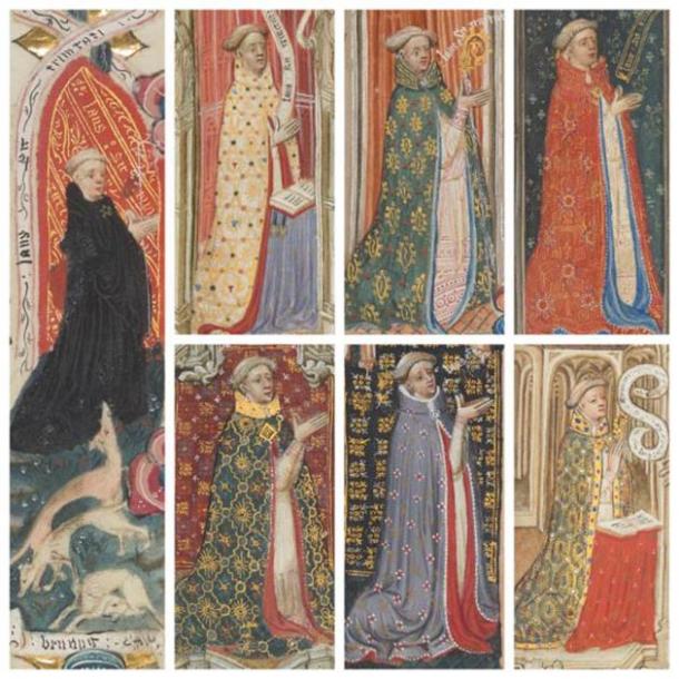 Retratos del padre Brunyng con perros, pág. 492 (izquierda), y luciendo una selección de hermosos vestidos, pp. 220, 266, 279 (arriba), págs. 262, 264, 51 (abajo) (detalles). (Dominio publico)