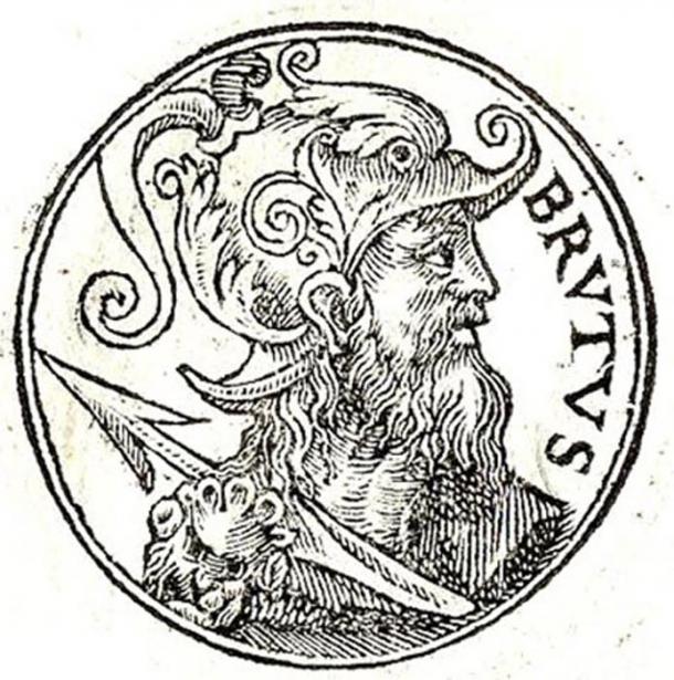 A 1553 representation of Brutus of Troy, a legendary descendant of the Trojan hero Aeneas, was known in medieval British legend as the eponymous founder and first king of Britain, and the one who set the stone in its place.