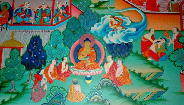 Buddha teaching, from the Buddha's life story, mural, Tharlam Monastery of Tibetan Buddhism, Boudha, Kathmandu, Nepal. (