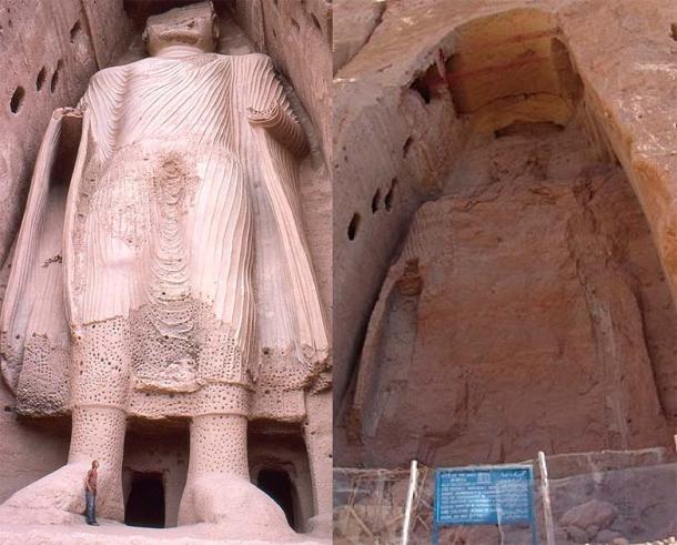 38-meter (125ft) Buddha of Bamiyan, before and after destruction.  (Minahatithan/CC BY-SA 4.0)