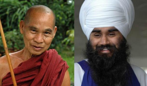 [Left] A Buddhist monk with a shaved head (Flickr/CC BY 2.0) [Right] a Sikh man wears his long hair wrapped in a traditional turban. (Flickr/CC BY-SA 2.0)