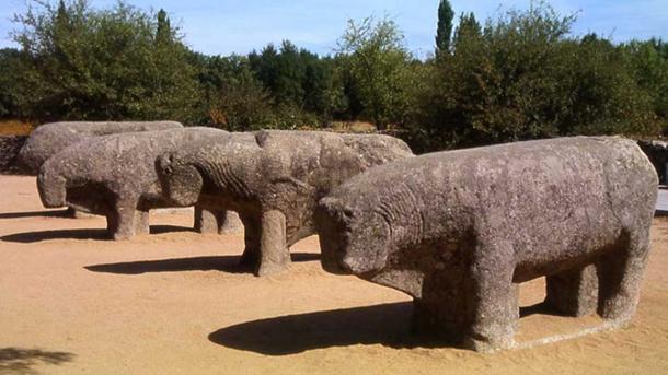 The Bulls of Guisando, a set of Celtiberian sculptures located at Ávila, Spain. They are associated with the territory of a Celtiberian tribe called the Vettones. Circa 2nd century BCE.