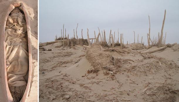 Left; Burial XHM66 from Xiaohe cemetery, with boat-shaped coffin and mummified remains dressed in wool garments. Right; The site of the Xiaohe mummies’ cemetery; the vertical posts indicate the tomb locations