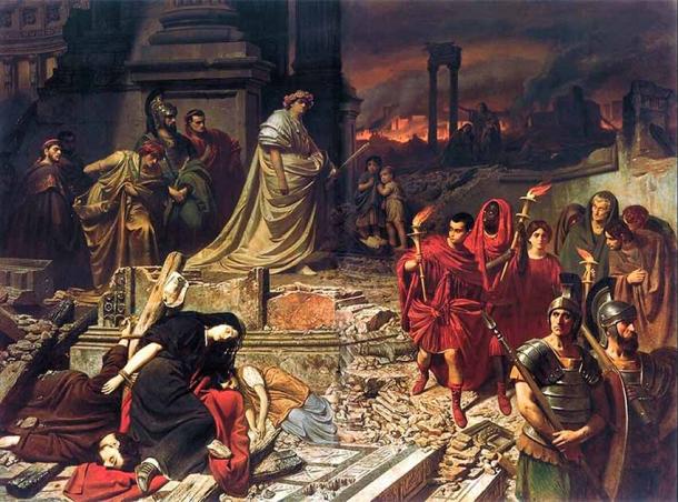 Nero Views the Burning of Rome, by Carl Theodor von Piloty. Tacitus provides a detailed account of Nero's response to the Great Fire of Rome in his work "Annals." Tacitus portrays Nero as indifferent to the suffering caused by the fire and exploiting it for his own political gain. (CC BY-SA 3.0)