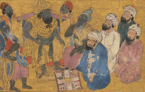 "Buzurjmihr Explains the Game of Backgammon (Nard) to the Raja of Hind", Folio from the First Small Shahnama (Book of Kings) ca. 1300–30. (Public domain)