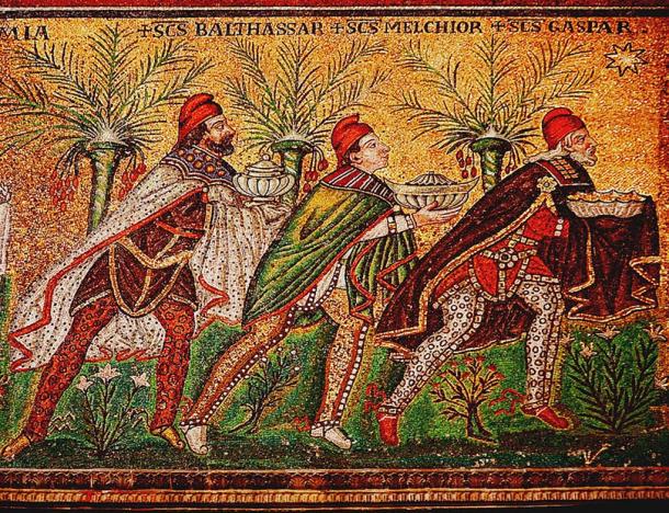 Byzantine depiction of the Three Magi in a 7th-century mosaic at Basilica of Sant'Apollinare Nuovo. 