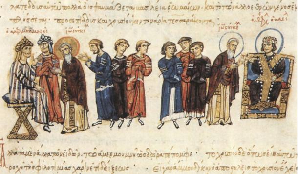 The Byzantine embassy of John the Grammarian to Ma'mun (depicted left) from Theophilos (depicted right)