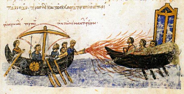 A Byzantine ship uses Greek fire against a ship of the rebel, Thomas the Slav, 821. 12th century illustration from the Madrid Skylitzes
