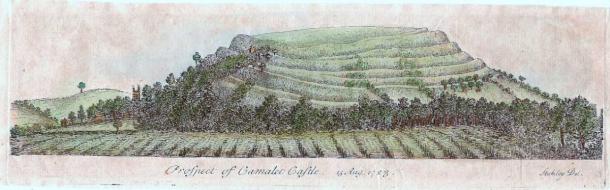 Cadbury Castle in Somerset has been suggested as a location for the mythical Camelot since the 1700s. This 1723 hand-colored engraving is titled "Prospect of Camalet Castle. 15 Aug 1723." (Public Domain)
